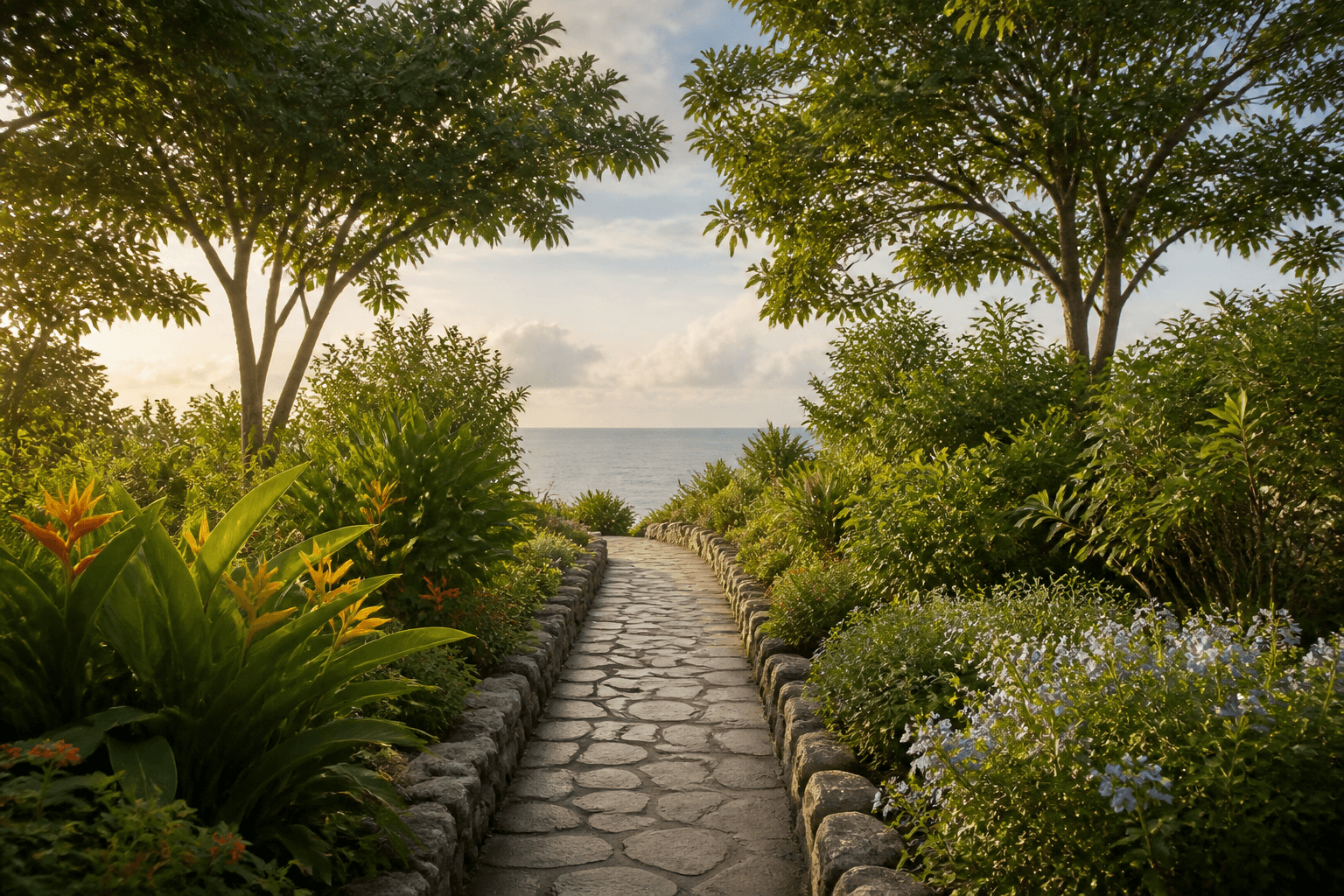 Balanced garden path in soft light and shadow, representing mood stability