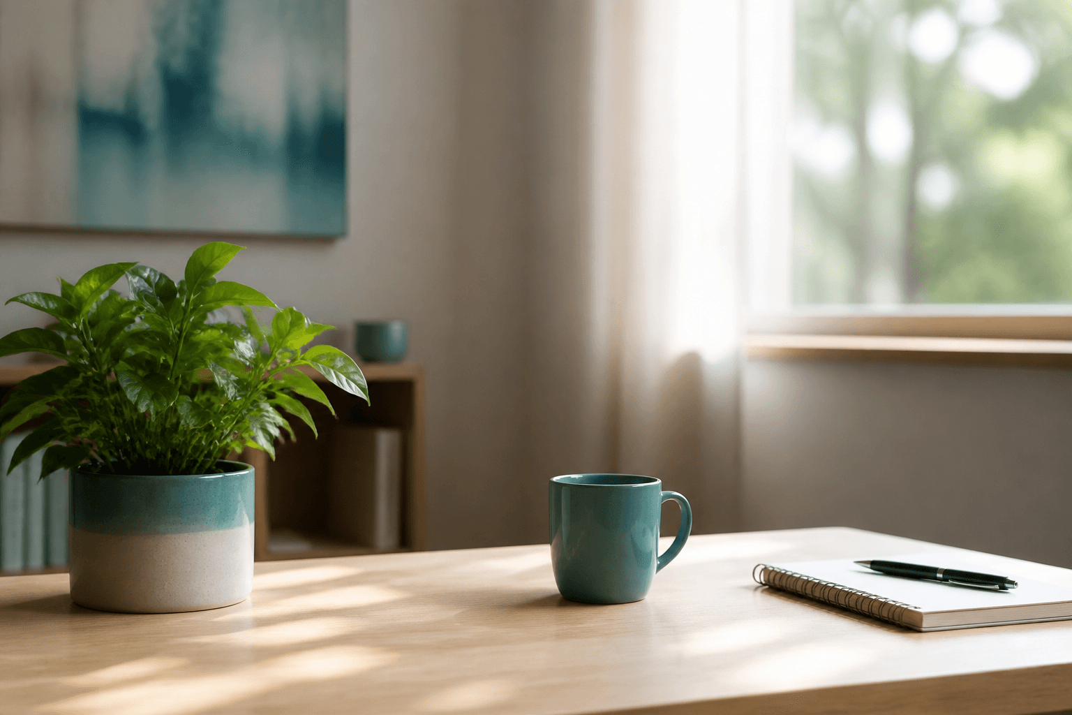 Quiet sunlit desk with a plant, suggesting clarity, dignity, and support